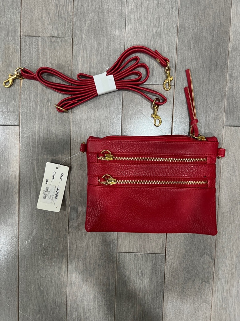 NWT Red Faux Leather Crossbody Clutch Bag Gold Zipper Removable Strap